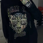 Women's Round-neck Leopard Print Rhinestone Casual Top