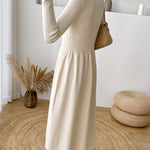 Long-Sleeve High Neck Plain Ribbed Midi A-Line Knit Dress