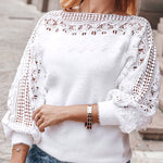 Crewneck Guipure Lace Long Sleeve Hollow Out Knit Sweaters Pullover Tops