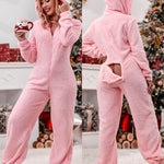 3D Ear Buttoned Flap Functional Fluffy Lounge Jumpsuit