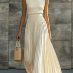 Elegant Casual And Comfortable Cream Knitted Chiffon Pleated Hem Maxi Dress