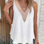 Women's V Neck Tank Top Eyelet Embroidery Sleeveless Tee Frill Hem Backless Contrast Patchwork Summer Top