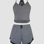 2 Pieces Colorblock Halter Contrast Lace Backless Tank Top & Waffle Knit Casual Shorts Sets