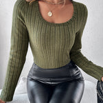 U-Neck Long Sleeve Ribbed Tops Fleece Lined Basic Layering Soft Thermal Tee (No Padding)