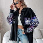 Colorblock Sequin Patchwork Long Sleeve Jacket Top Button Front Raw Hem Shacket