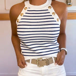 Women's Halter Neck Tank Top Striped Sleeveless Gold Button Contrast Binding Knit Top