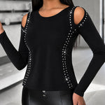 Women's Long Sleeve Top Sparkly Rhinestone Cutout Tee Slim Fit Round Neck T-Shirt