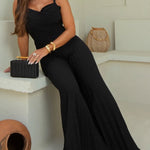 Women's Pleated Wide Leg Jumpsuit Spaghetti Strap High Waisted Shirred Backless Flared Overalls