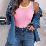 Women's Contrast Trim Ribbed Tank Top Slim Fit Sleeveless Round Neck Basic Camisole for Streetwear & Layering