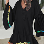 Colorblock V-Neck Bell Sleeve A Line Tassel Mini Dress Vacation Dress