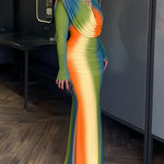 Tie Dye Print Cowl Neck Long Sleeve Backless Maxi Dress Slim Fit Zipper Back Ruched Mermaid Hem Evening Dress