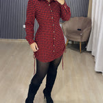 Women's Vintage Plaid Drawstring Long Sleeve Casual Dress Shirred Button Down Shirt Dress