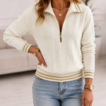 Women's Half-Zip Striped Trim Textured Sweatshirt Casual Drop Shoulder Top