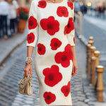 Three-Quarter Sleeves Flower Print Round-Neck Midi Dresses