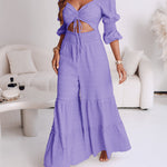 Sweetheart Neck Puff Sleeve Drawstring Front Shirred Overalls Casual Cutout Front Ruffle Hem Wide Leg Jumpsuit
