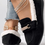 Rhinestone Chain Decor Thermal Lined Faux Shearling Trim Casual Flat Slip-On Loafers without Anklet Bracelet