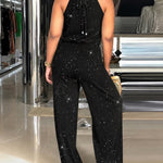 Women's Glitter Halter Tie Jumpsuit Casual Hollow Out Wide Leg Overalls Sparkling Drawstring Waist Jumpsuit with Pockets