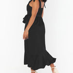 Tie-straps Ruffled Square Collar Sleeveless Slit Mid-length Dress