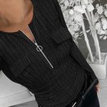 Long Sleeve Half Zip Flap Detail Ribbed Tee Slim Fit Brushed Top