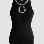 Rhinestone Contrast Sequin Keyhole Neck Sleeveless Slim Fit Elasticity Ribbed Top Elegant Tank