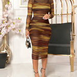 Tie Dye Print Mock Neck Long Sleeve Side Ruched Sexy Sheer Mesh Bodycon Dress with Cami Set