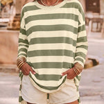 Women's Striped T Shirt Long Sleeve Drop Shoulder Crewneck Tee Side Slit Casual Loose Fit Top