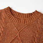 Round Neck Long Sleeve Drop Shoulder Pullover Sweater Casual Loose Fit Cable Knit Mid Length Sweater