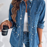 Pearls & Rhinestone Decor Turn-down Collar Button Front Denim Shirt Coat Casual Top