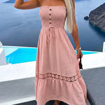 Women's Strapless Shirred Maxi Dress Lace Splice Tied Detail Frill Trim Sundress with Detachable Clear Straps