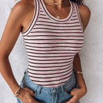 Women's Striped Racerback Tank Top Slim Fit Ribbed Sleeveless Top with Built in Bra