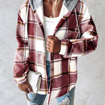 Plaid Pattern Long Sleeve Shacket Button Down Fleece Lined Hooded Jackets Warm Coat