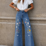Women's High Waisted Floral Embroidered Wide Leg Jeans Washed Denim Pants