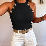 Women's Halter Neck Tank Top Vintage Gold Button Wave Textured Sleeveless Slim Fit Top