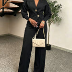 Women's 2 Piece Set V-Neck Cinched Waist Gigot Sleeve Top and High Waist Wide Leg Pants Elegant Set