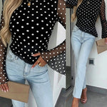 Women's Polka Dot Mesh Top Flare Long Sleeve Boat Neck Lined Asymmetric Frill Hem Blouse Vintage Party Shirt