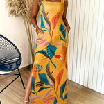Plants Placement Print Square Neck Thick Strap Side Slit Maxi Dress Casual Vacation Dress with Pockets