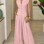 Women's Lapel V Neck Jumpsuit Cap Sleeve High Waisted Wide Leg Overalls Elegant Suit Jumpsuit