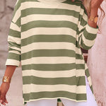 Women's Striped T Shirt Long Sleeve Drop Shoulder Crewneck Tee Side Slit Casual Loose Fit Top