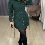 Women's Vintage Plaid Drawstring Long Sleeve Casual Dress Shirred Button Down Shirt Dress