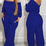 Off Shoulder V Back Elastic Waist Pockets Design Jumpsuit Casual Drop Shoulder Cinched Waist Wide Leg Jumpsuit