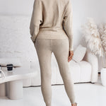 2 Pieces Outfit Skew Neck Long Sleeve Loose Pullover Top and Drawstring High Waist Slim Fit Pants Set