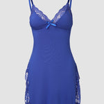 Lace Trim Adjustable Straps Side Slit Bowknot Decor Modal Cami Sleep Dress