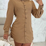 Turn-down Collar Roll Up Sleeve Button Down Shirt Dress Casual Shirred Back Side Drawstring Mini Dress