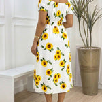 Women's Sunflower Print Midi Dress Puff Sleeve Tie Neck Sundress Shirred Back Slit A-Line Vacation Dress with Lining