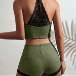 2 Pieces Colorblock Halter Contrast Lace Backless Tank Top & Waffle Knit Casual Shorts Sets