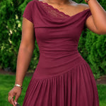 Women's Cowl Neck Lace Spliced Maxi Dress Skew Neck Ruched A Line Dress