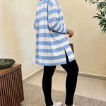 Women's Striped T Shirt Long Sleeve Drop Shoulder Crewneck Tee Side Slit Casual Loose Fit Top