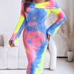 Tie Dye Print Foldover Off Shoulder Long Sleeve Textured Bodycon Dress Casual Ripped Detail High Strech Vacation Dress