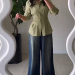 Turn-down Collar Long Sleeve Button Front Blouse Casual Back Criss Cross Tied Detail Fishtail Shirt