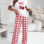 2 Pieces Outfit Cherry & Bowknot Print Short Sleeve Top and Plaid Print Elastic Waist Pants Set Casual Pajamas Set